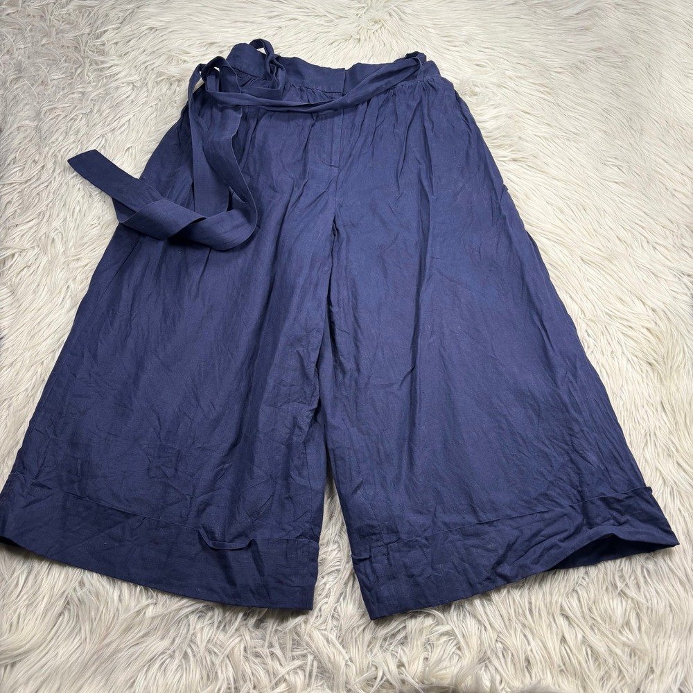 J. Crew Women's 6 Navy Linen Cropped Wide Leg Pants Coastal Preppy Nautical